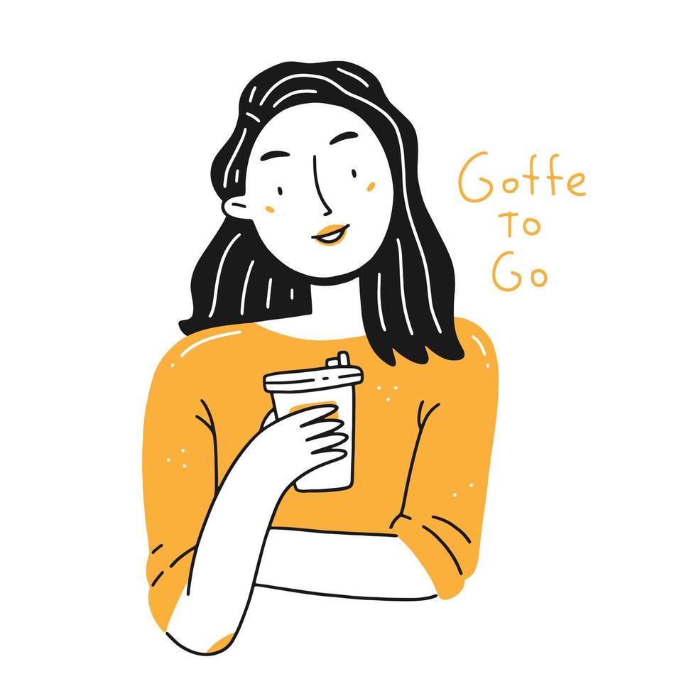 retrato de una joven feliz con una taza de café y la inscripción café contigo en un estilo de garabato lineal simple. ilustración vectorial aislada. vector