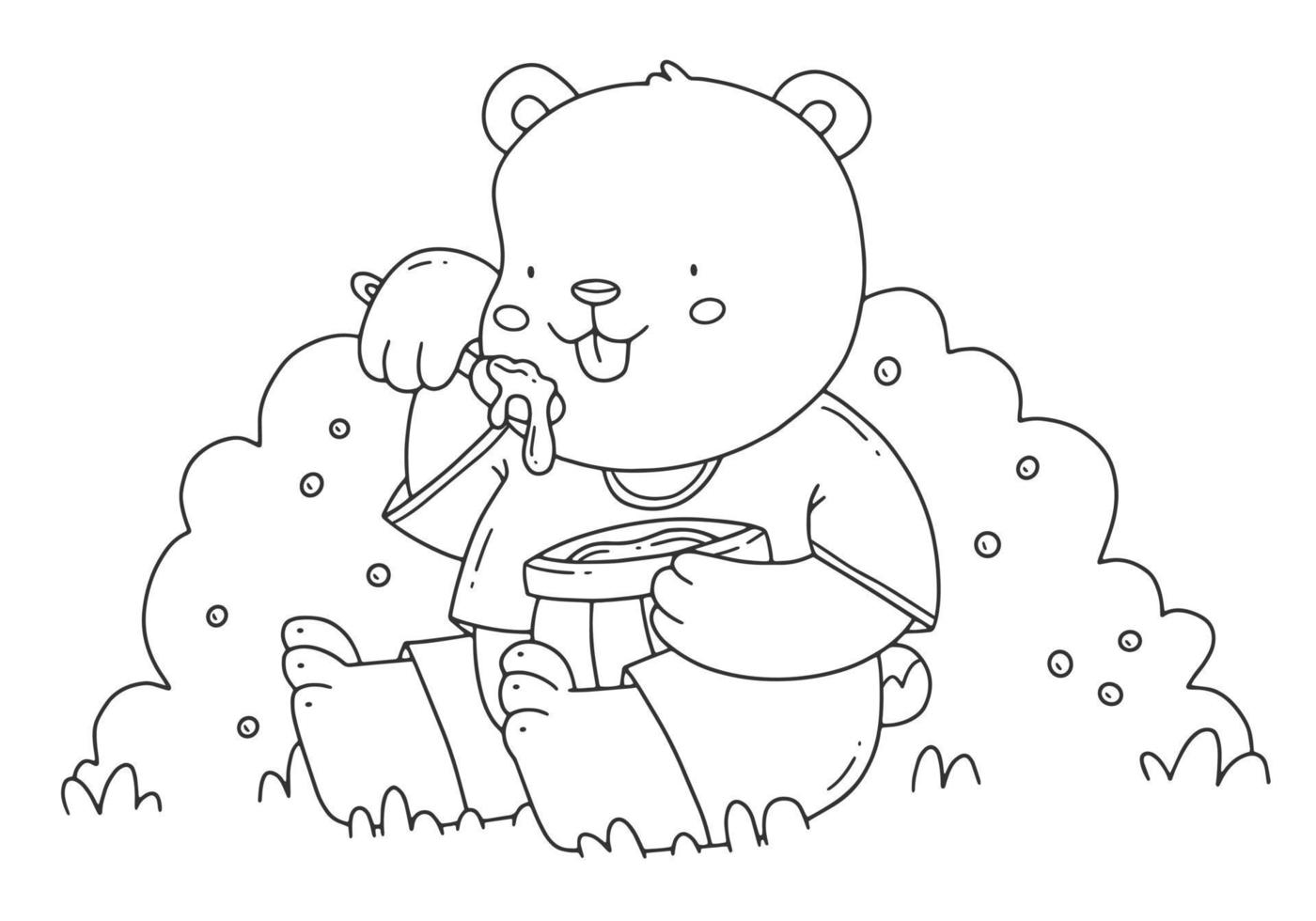 Children's coloring book with a bear eating honey sitting on the grass. Cute coloring page with an animal. Vector linear black and white illustration.