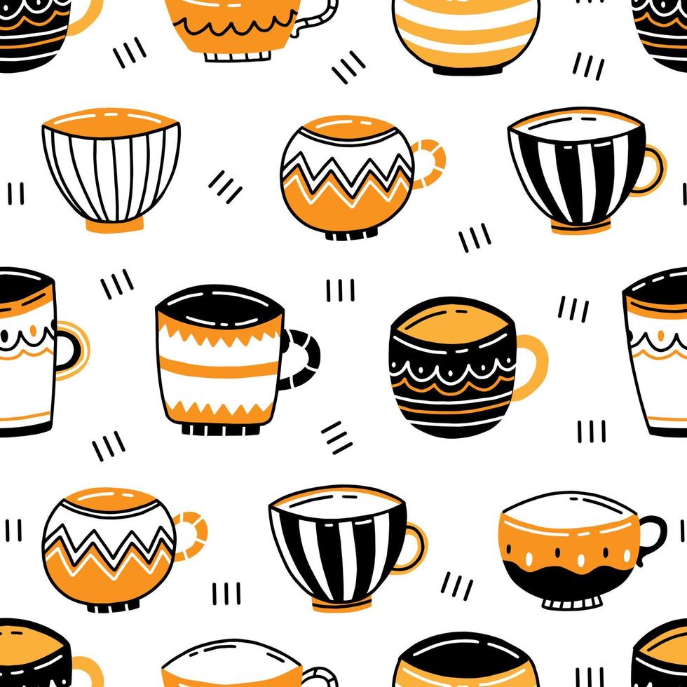 patrón impecable con tazas de cerámica negra y naranja en un estilo de garabato simple sobre un fondo blanco. fondo de ilustración vectorial. vector