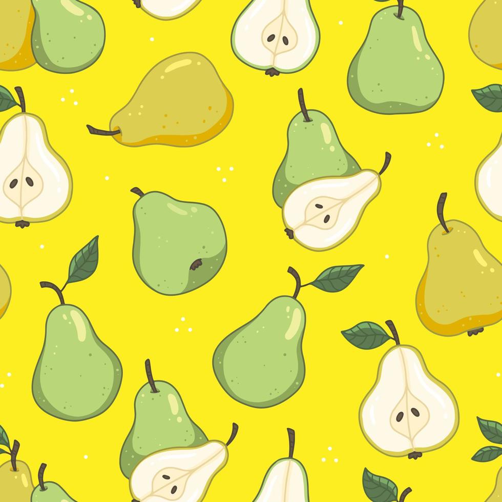 patrón de frutas sin fisuras con peras y hojas sobre un fondo amarillo. el fondo de la ilustración vectorial. vector