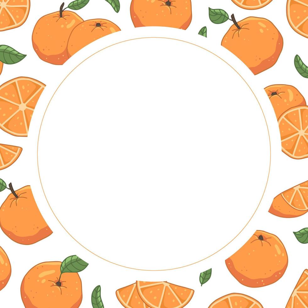 Round cute frame with oranges and leaves. Vector illustration template
