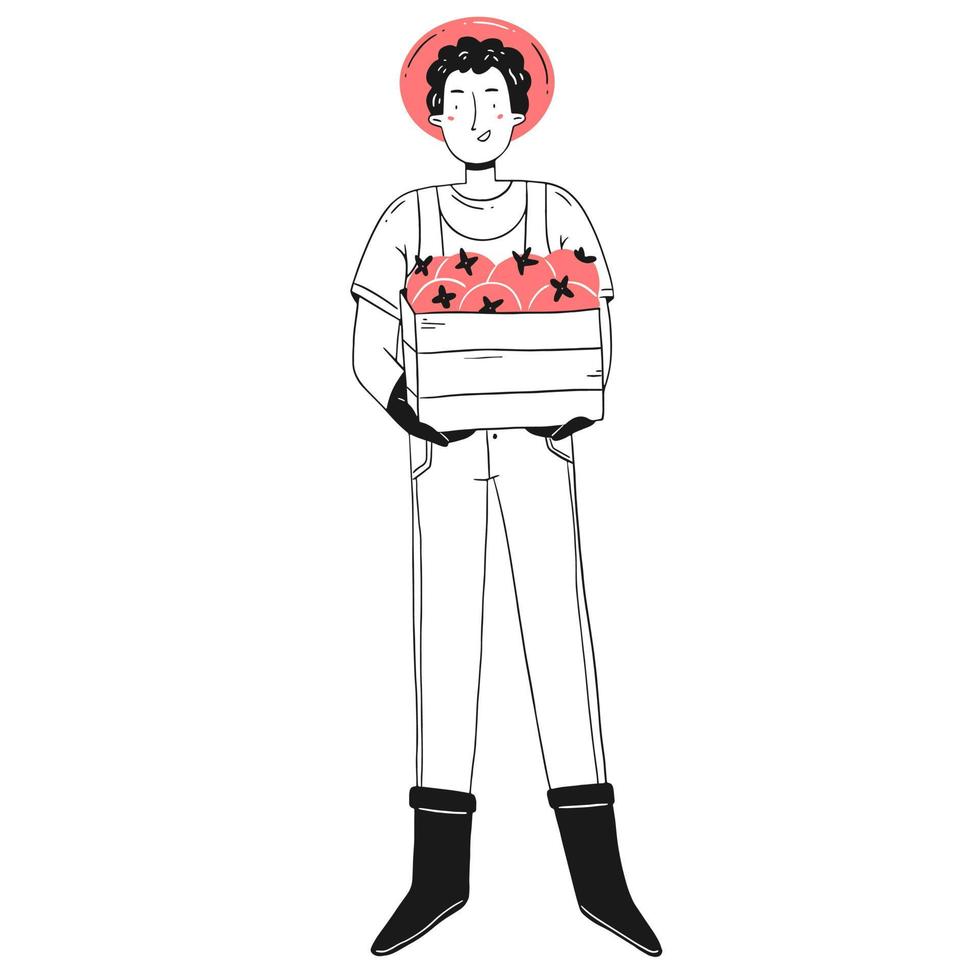 un joven jardinero feliz sostiene una caja de tomates en sus manos. tiempo de cosecha. ilustración de jardín aislado vectorial. vector