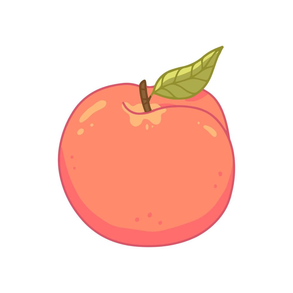 Cute peach with a leaf in cartoon style. Vector isolated illustration.