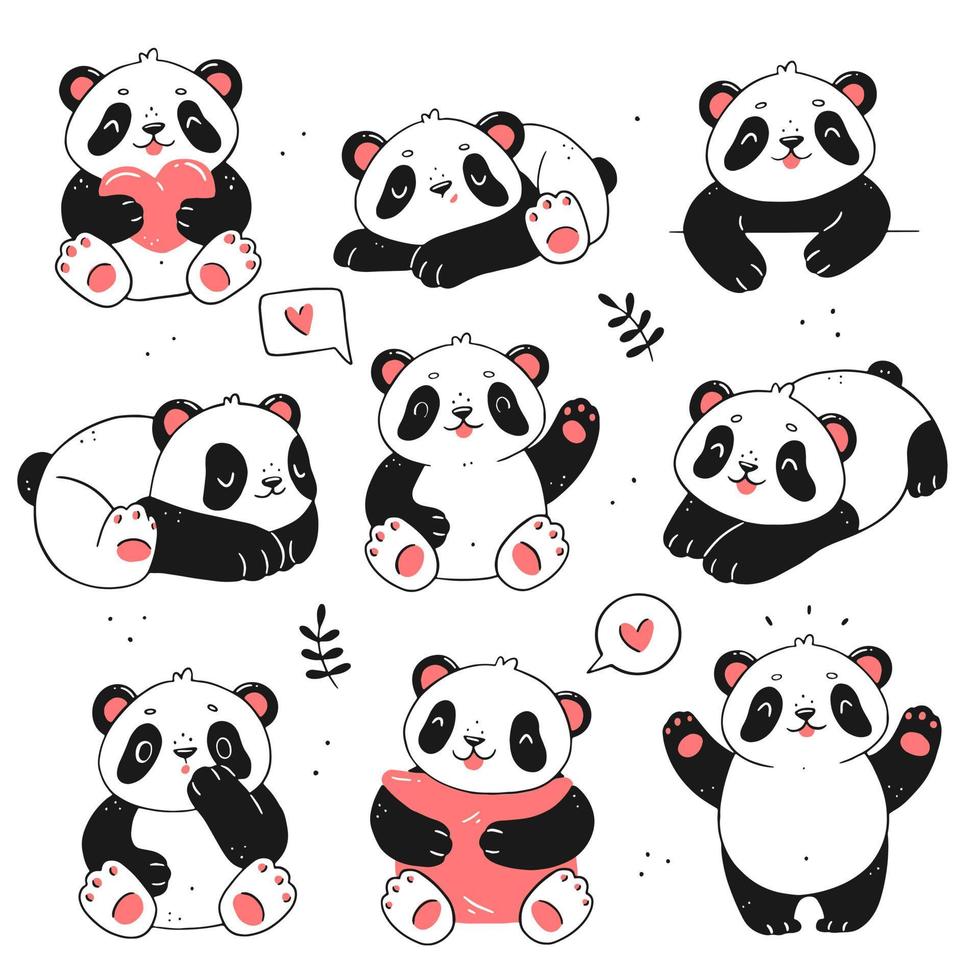 A set with cute panda characters in a linear doodle style. Vector isolated animal illustration.