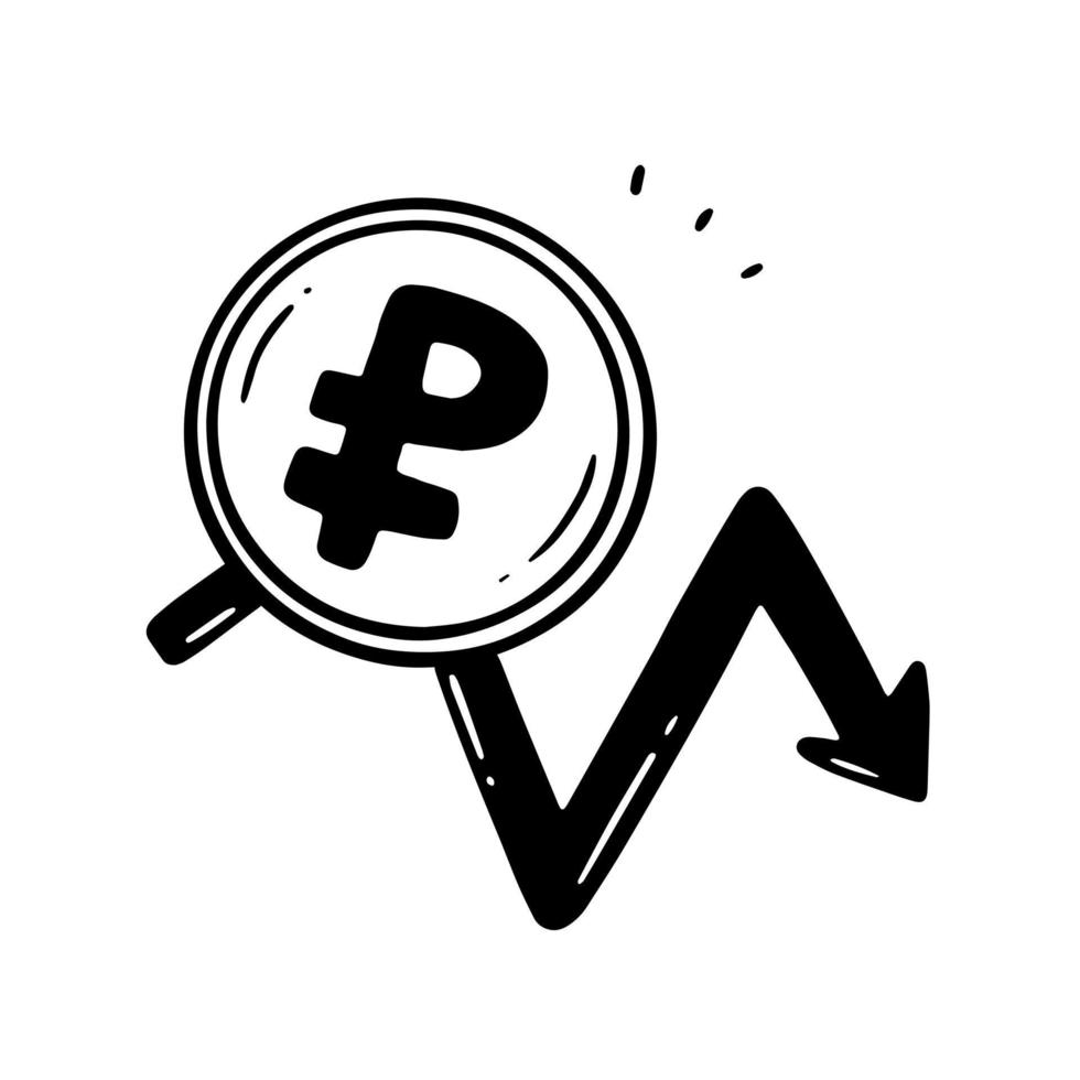 The fall of the Russian ruble. Ruble down. A coin with the ruble symbol on the chart pointing downwards in a linear doodle style. Vector isolated illustration.