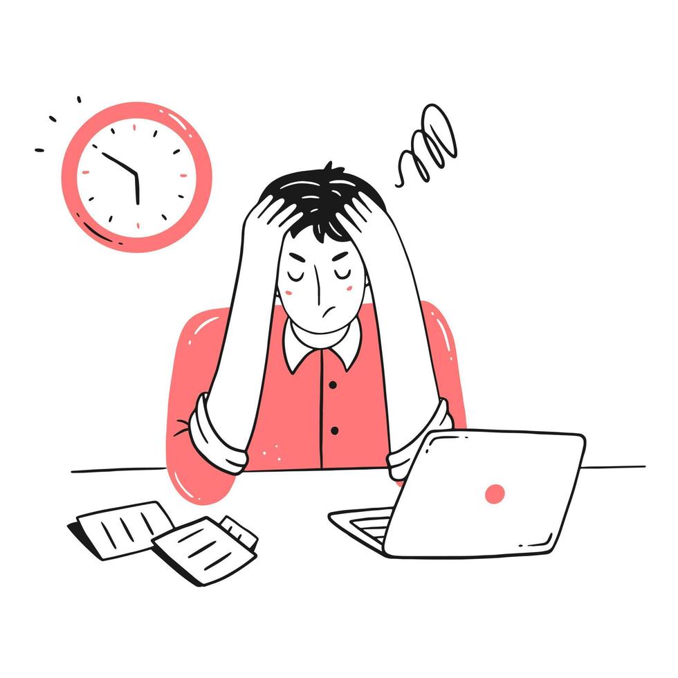 Frustration at work. Professional burnout syndrome. A tired, exhausted man holds his head in line style. A person does not have time for the deadline. Vector concept illustration.