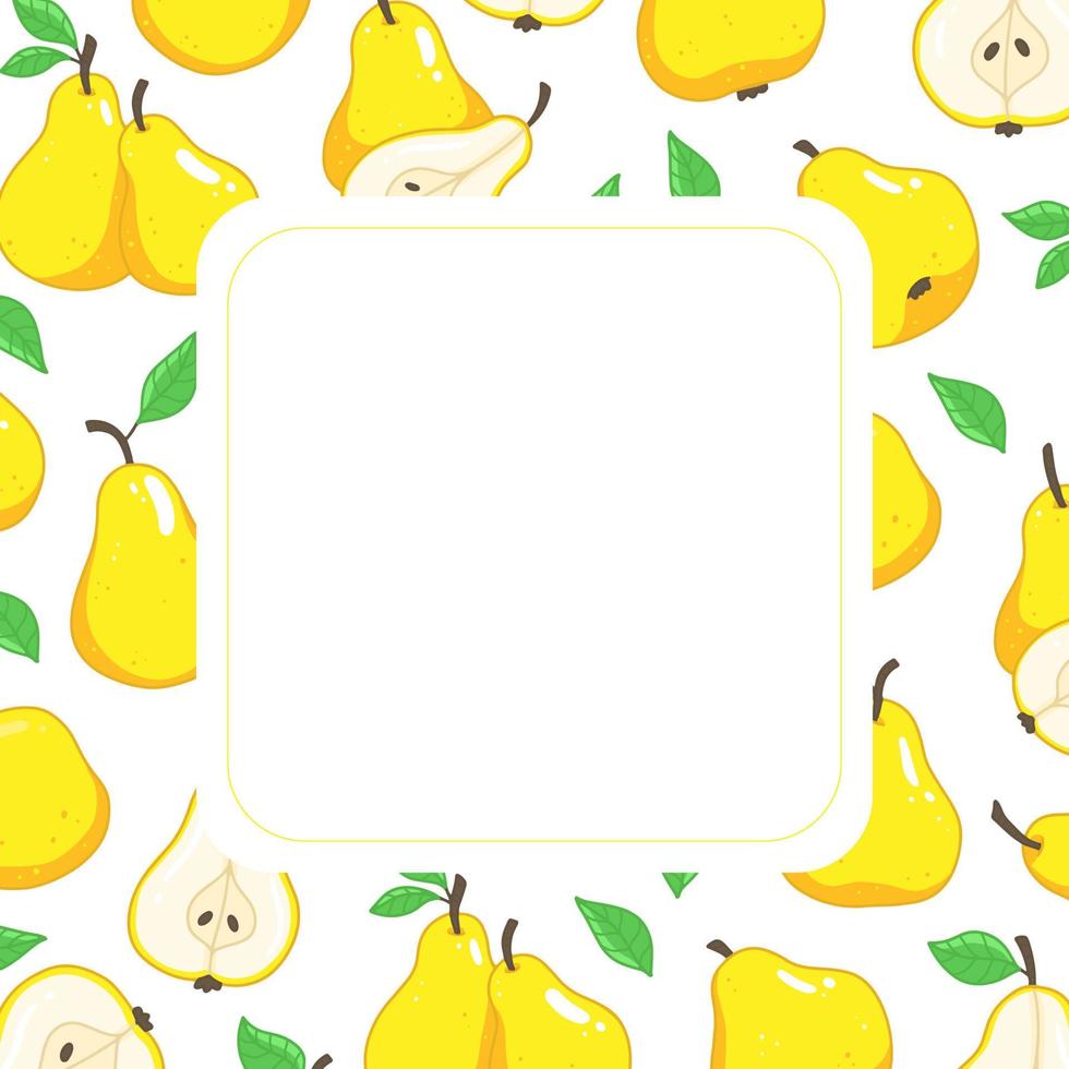 Square cute frame with yellow pears and leaves. Vector illustration template.