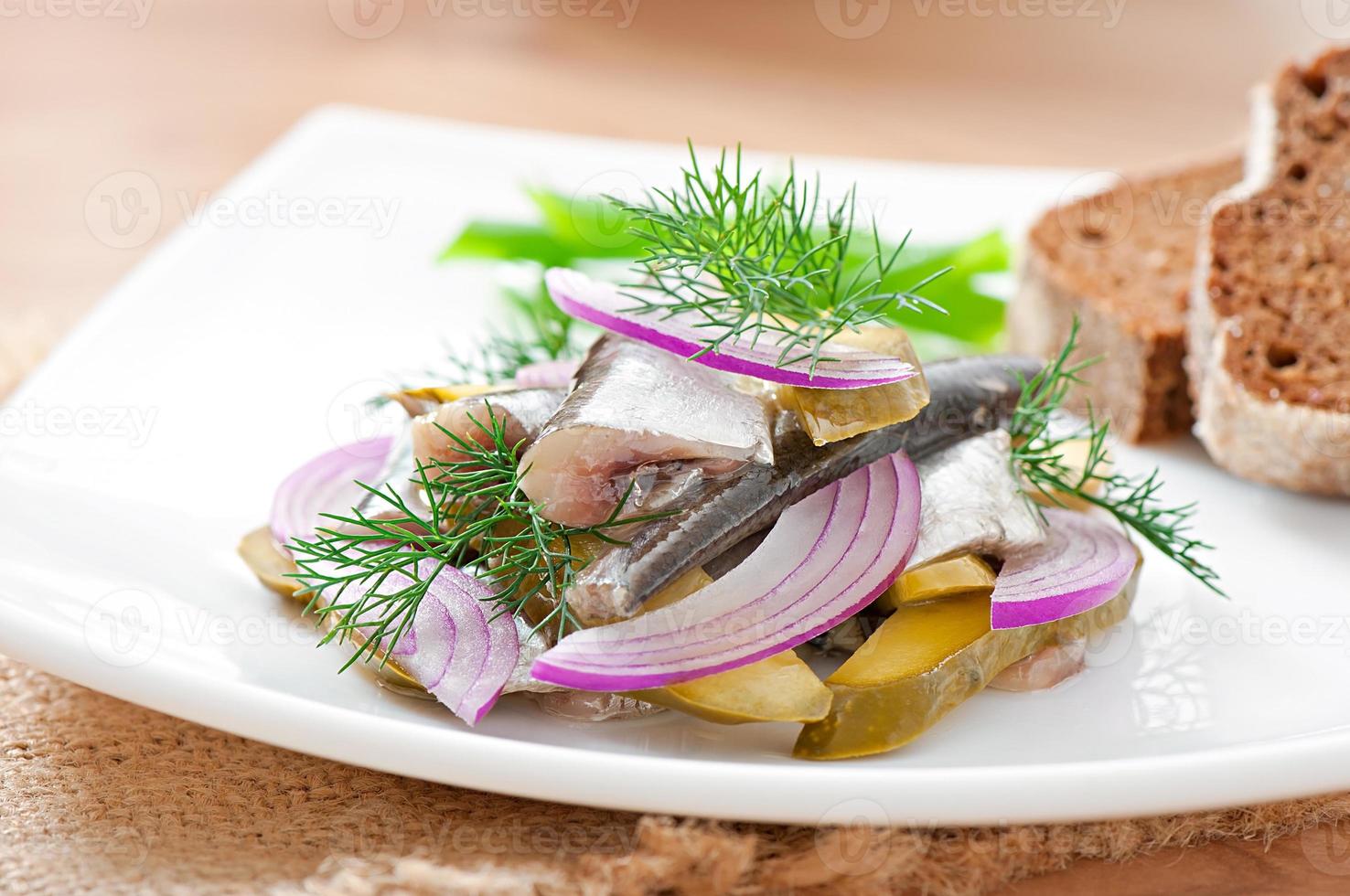 herring salad with pickled cucumbers and onions photo
