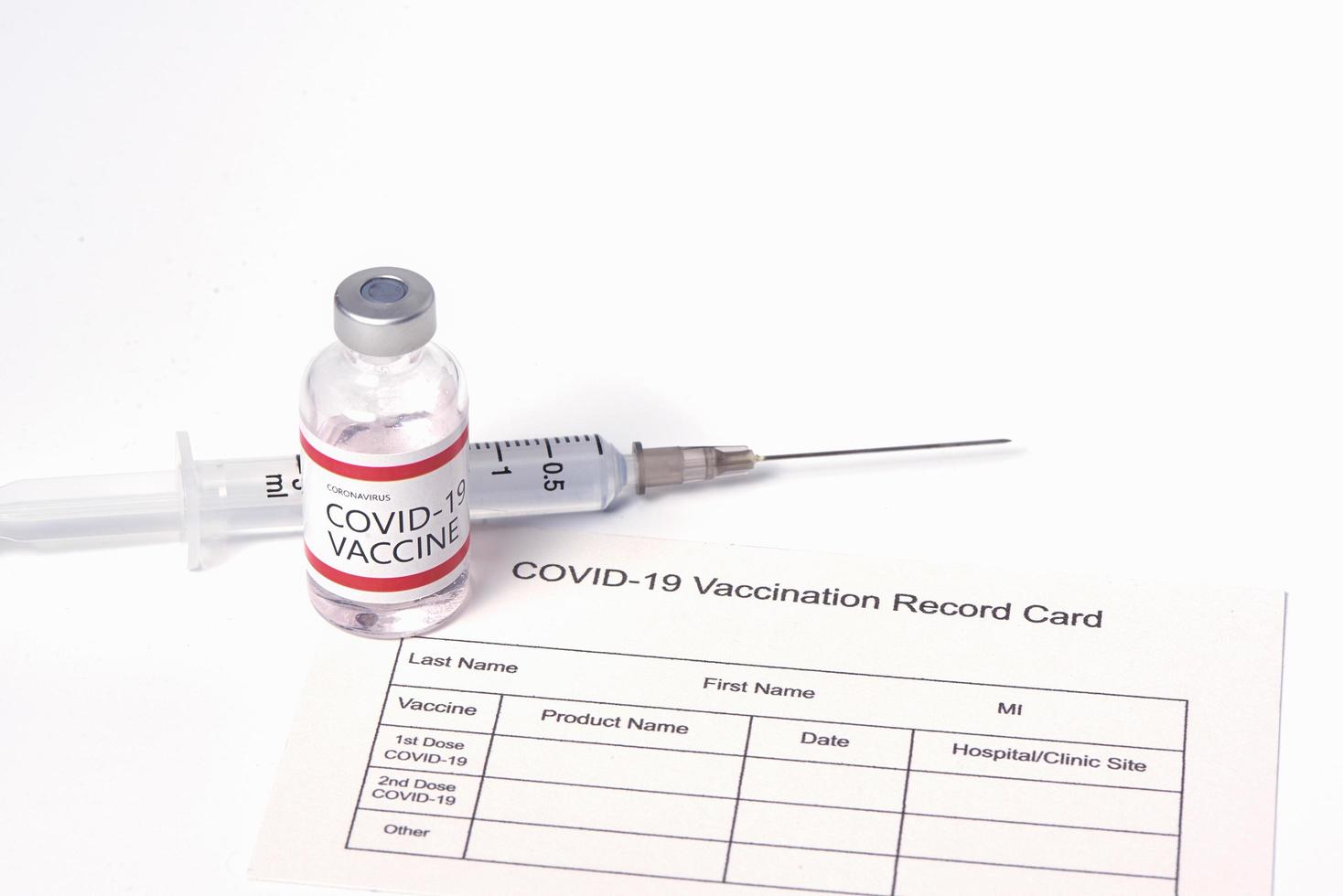 Coronavirus vaccine, syringe and needle on white background. photo