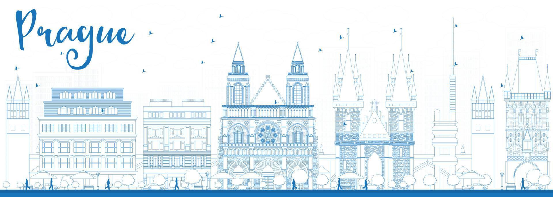 Outline Prague skyline with blue landmarks. vector