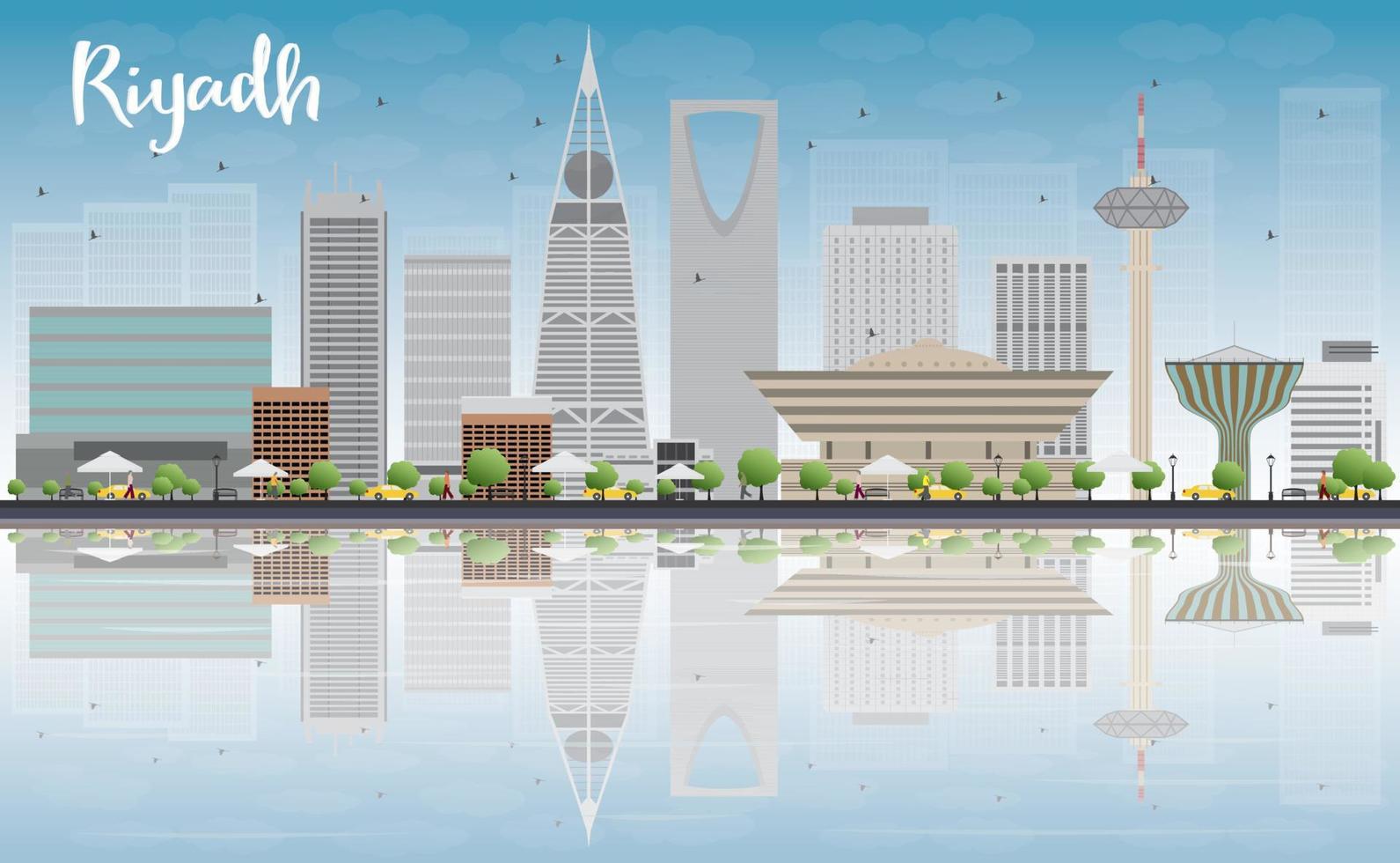 Riyadh skyline with grey buildings, blue sky and reflection vector