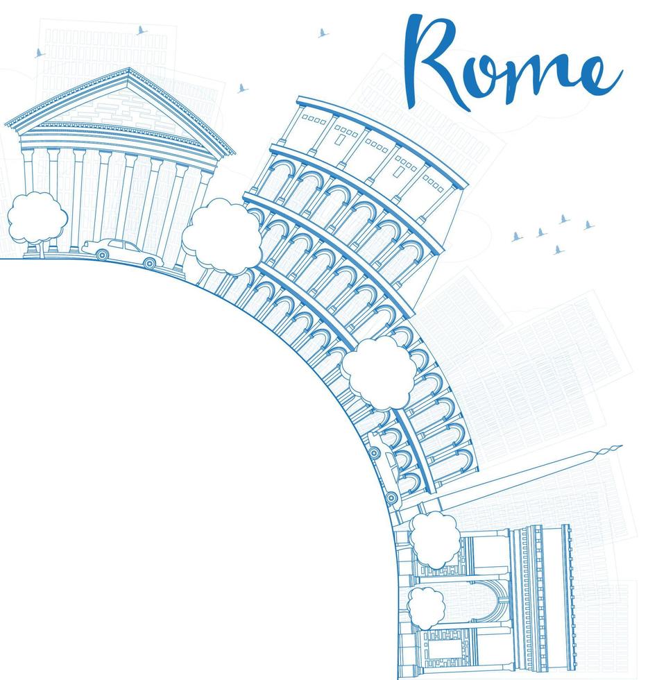 Outline Rome skyline with blue landmarks and copy space vector