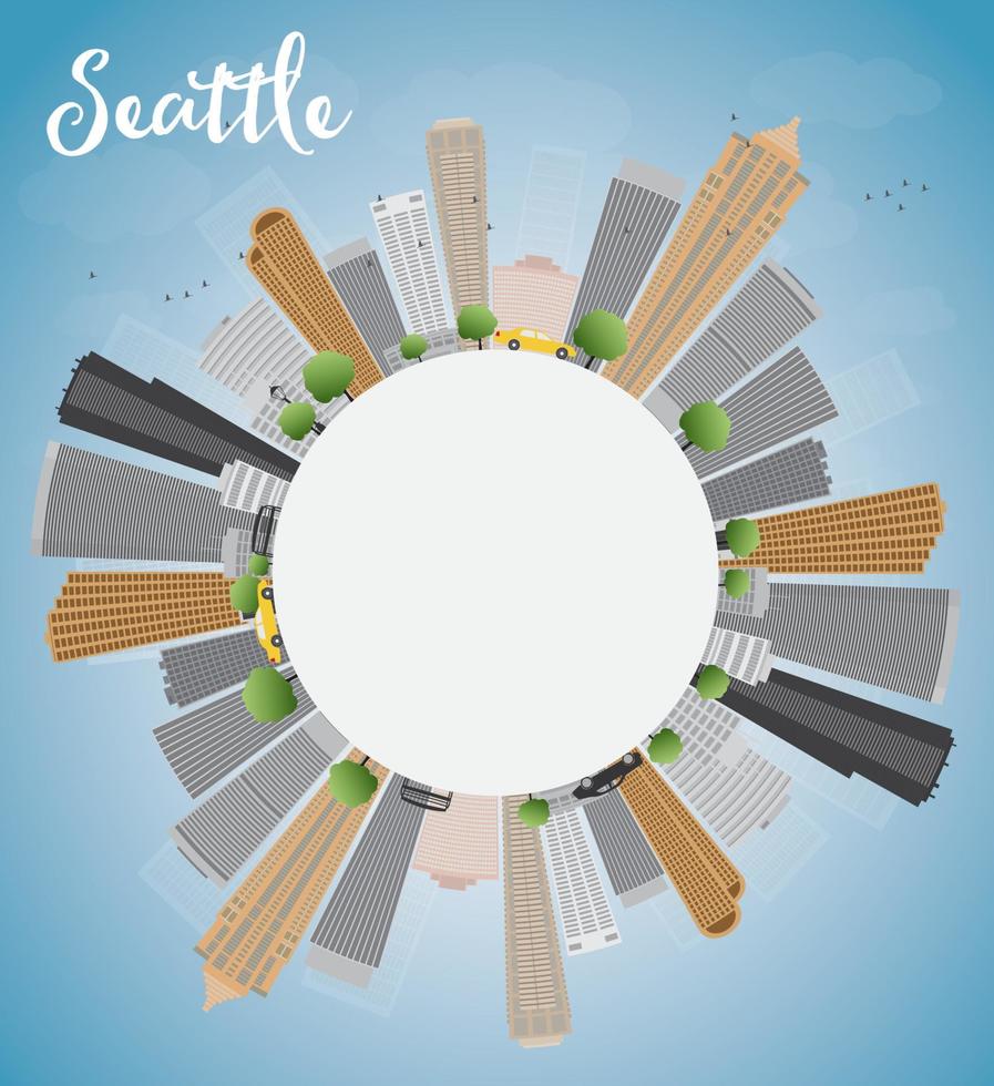 Seattle City Skyline with Grey Buildings and Blue Sky vector