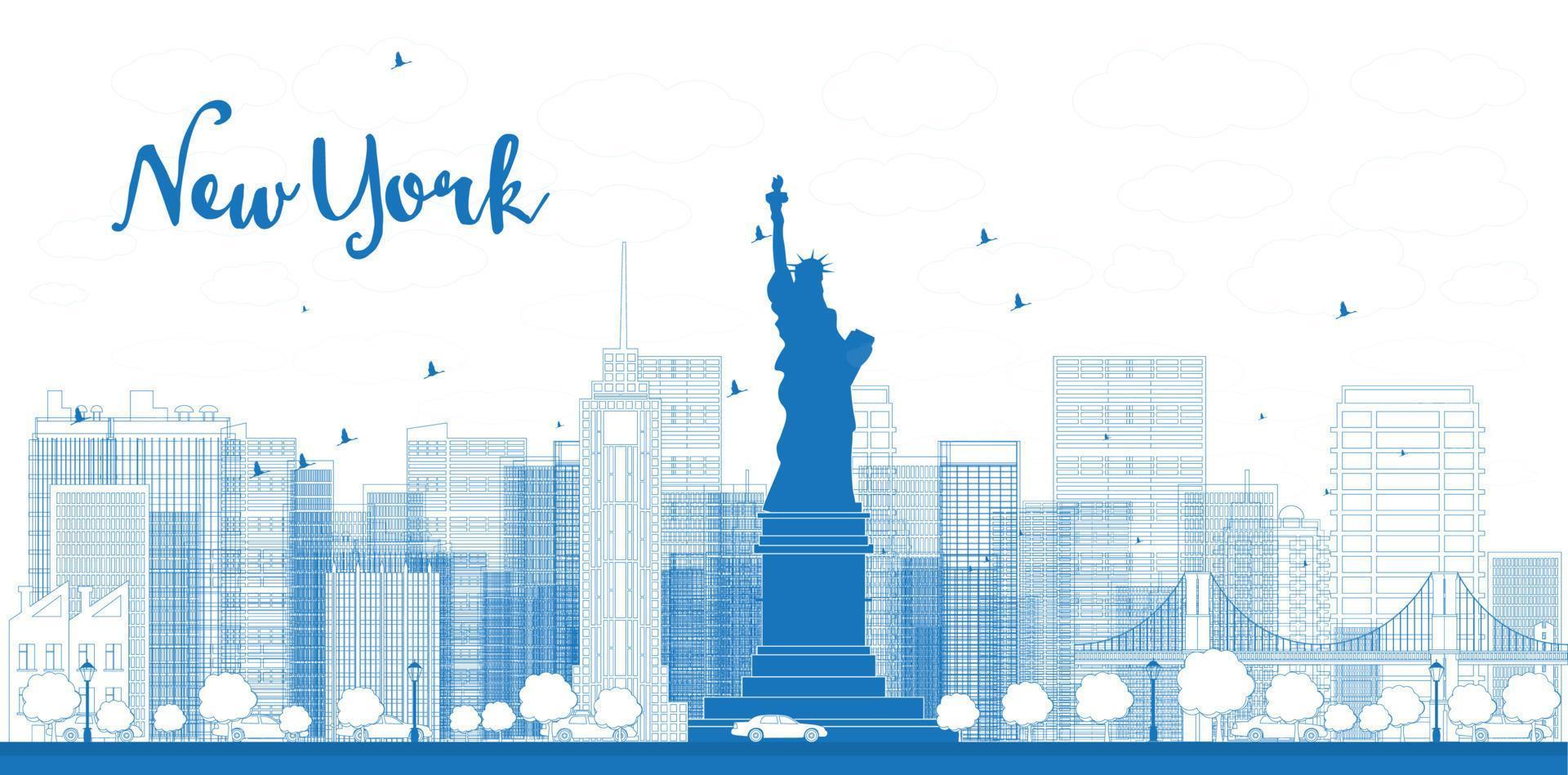 Outline New York city skyline with skyscrapers. vector