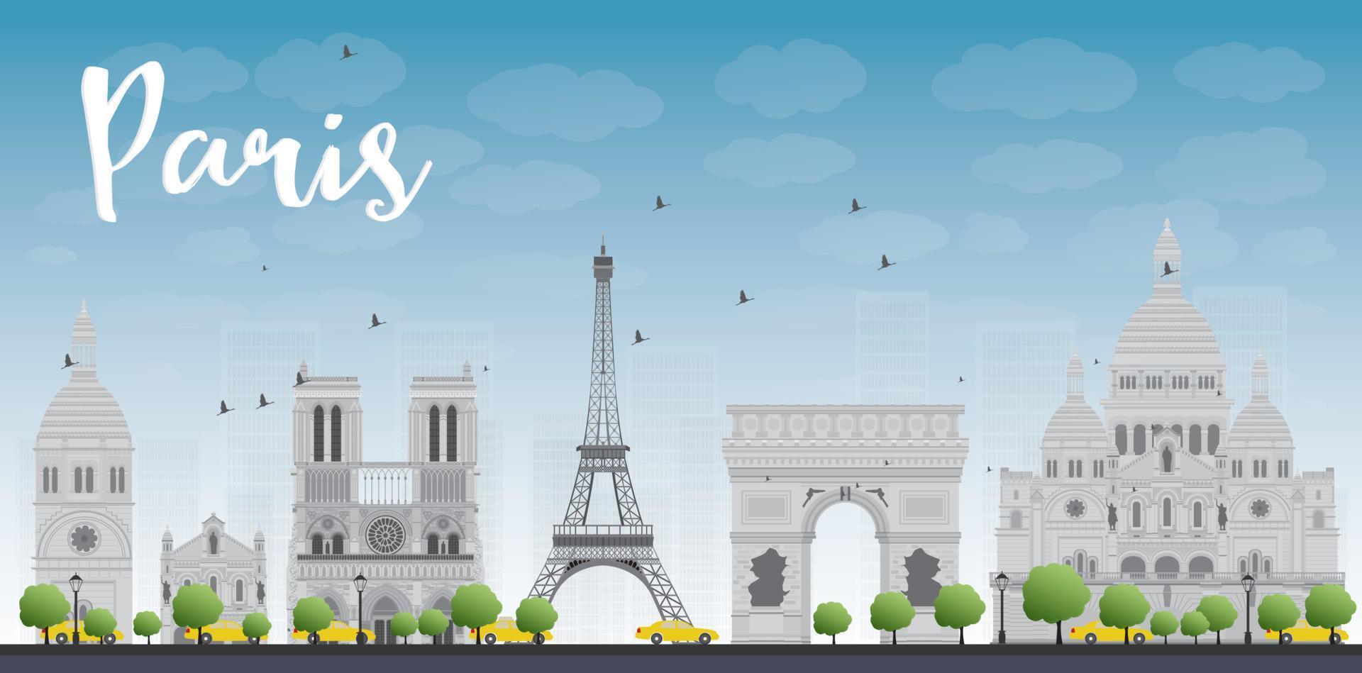 Paris skyline with grey landmarks and blue sky. vector