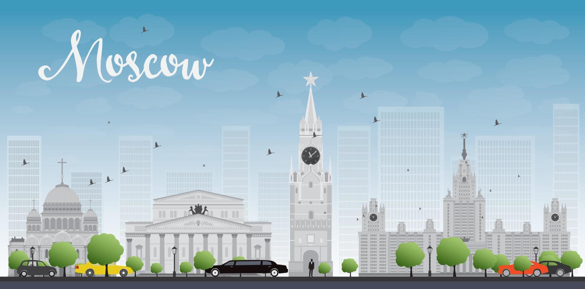 Moscow City Skyscrapers and famous buildings in grey color. vector