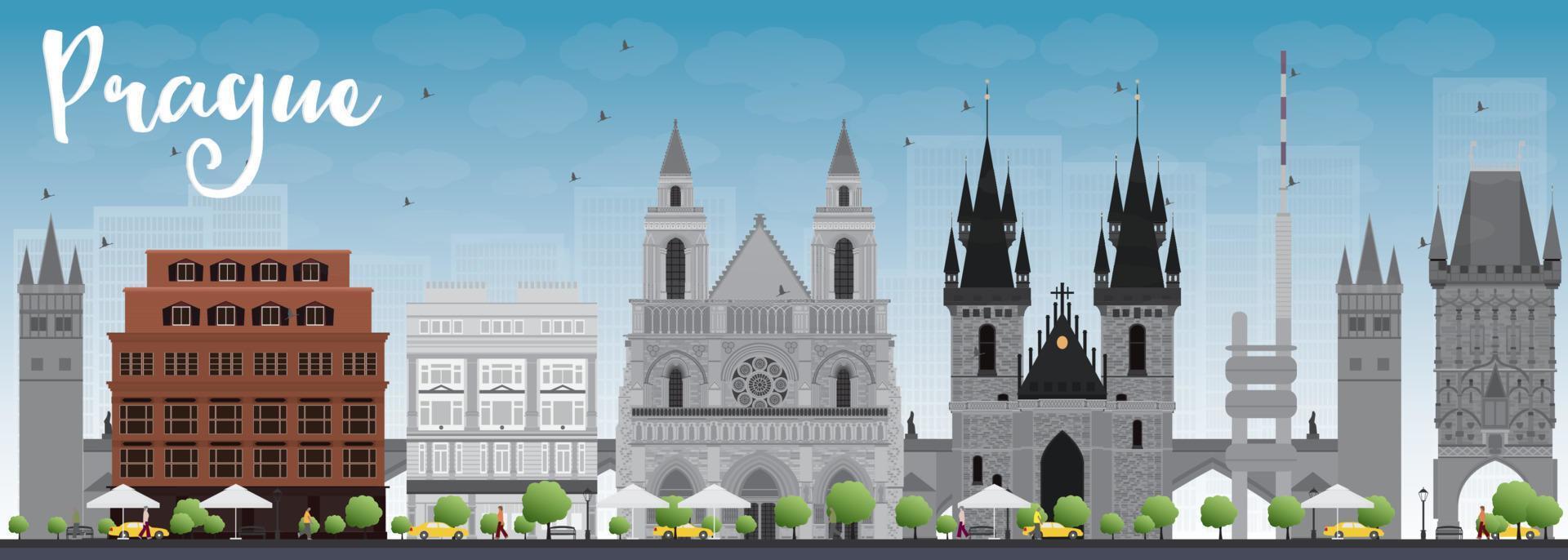 Prague skyline with grey landmarks and blue sky. vector