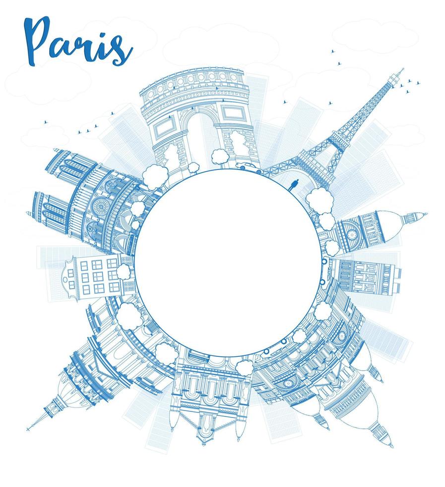 delinear el horizonte de París con puntos de referencia azules y espacio de copia. vector