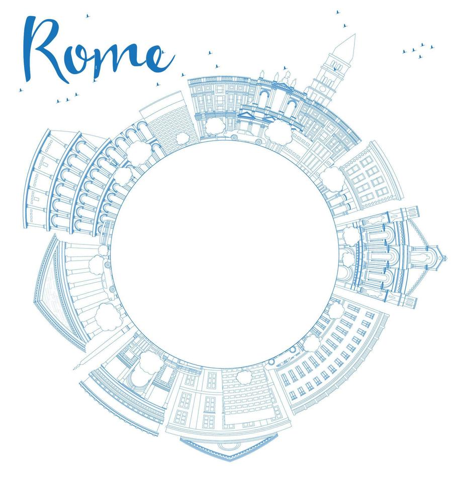 Outline Rome skyline with blue landmarks and copy space vector