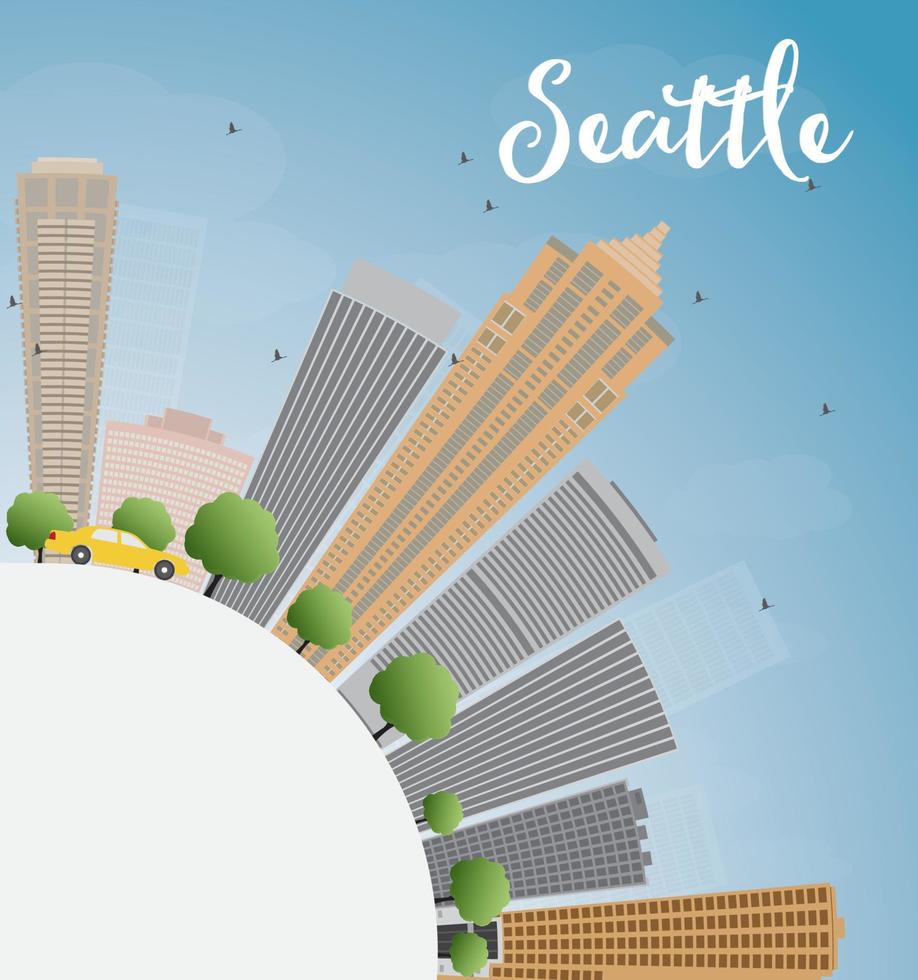 horizonte de la ciudad de seattle con edificios grises, cielo azul y espacio para copiar vector