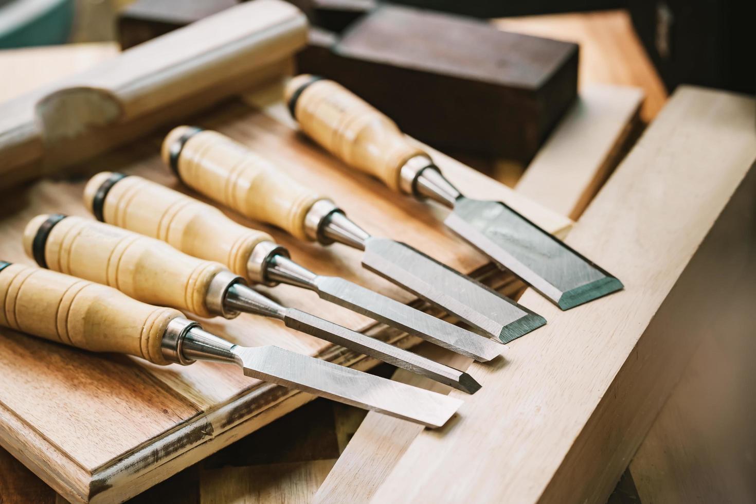 chisels for woodworking, carpentry, and carving on table,woodworking concept . selective focus photo