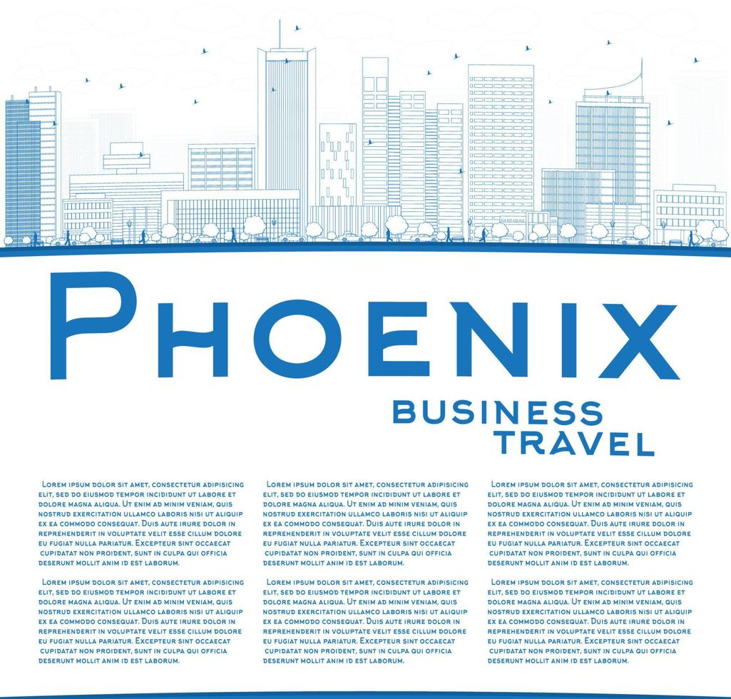 Outline Phoenix Skyline with Blue Buildings and copy space. vector