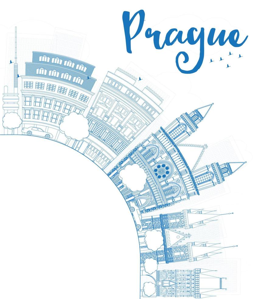 Outline Prague skyline with blue landmarks and copy space. vector
