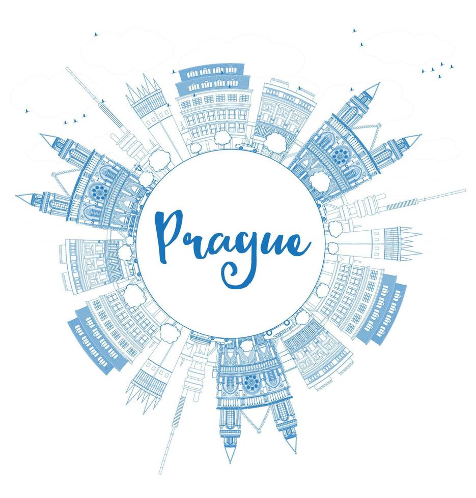 Outline Prague skyline with blue landmarks and copy space. vector