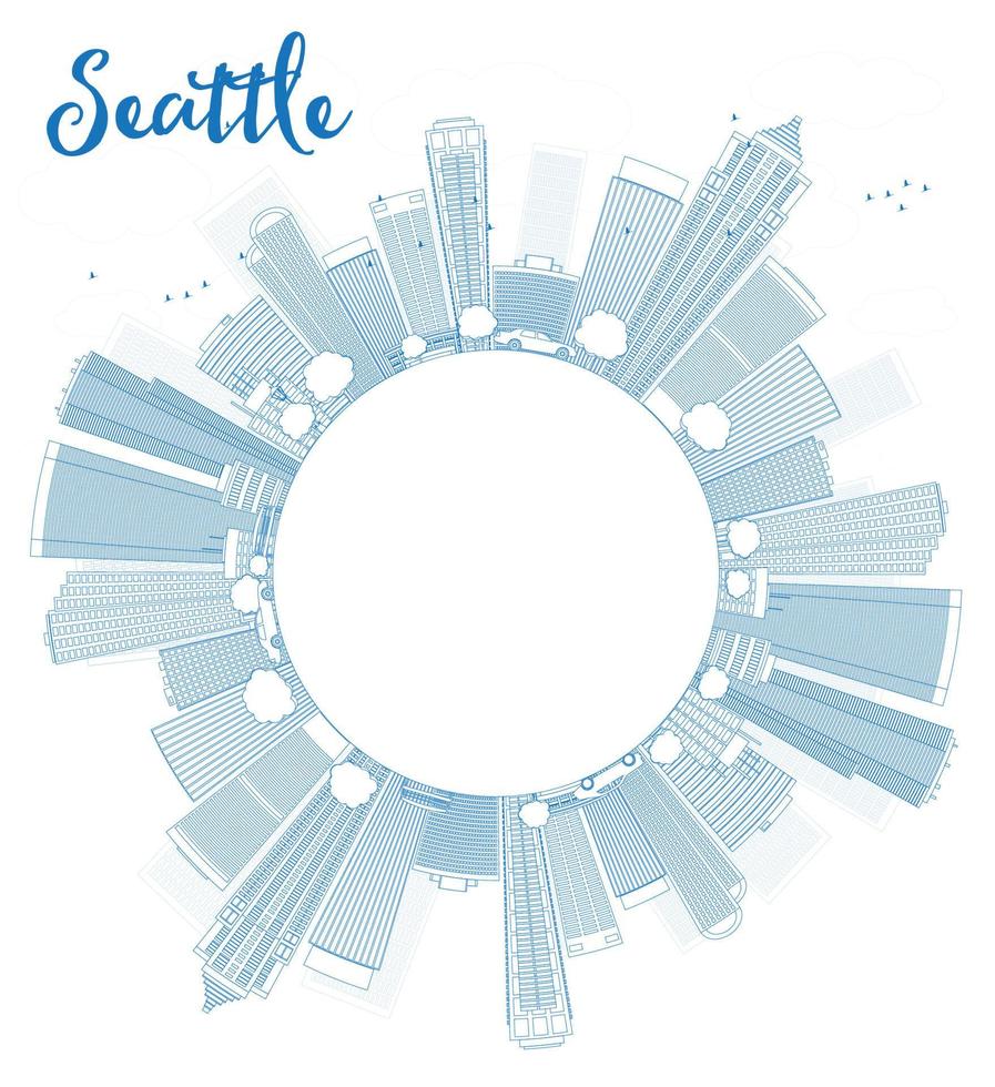 esbozar el horizonte de la ciudad de seattle con edificios azules vector