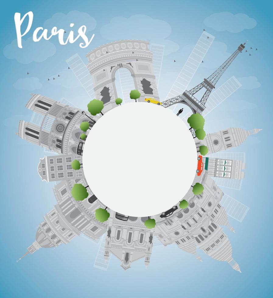 horizonte de París con puntos de referencia grises, cielo azul y espacio para copiar. vector