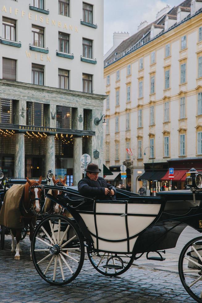 viena, austria, 2021-hombre sentado en un carruaje de caballos en el palacio de hofburg foto