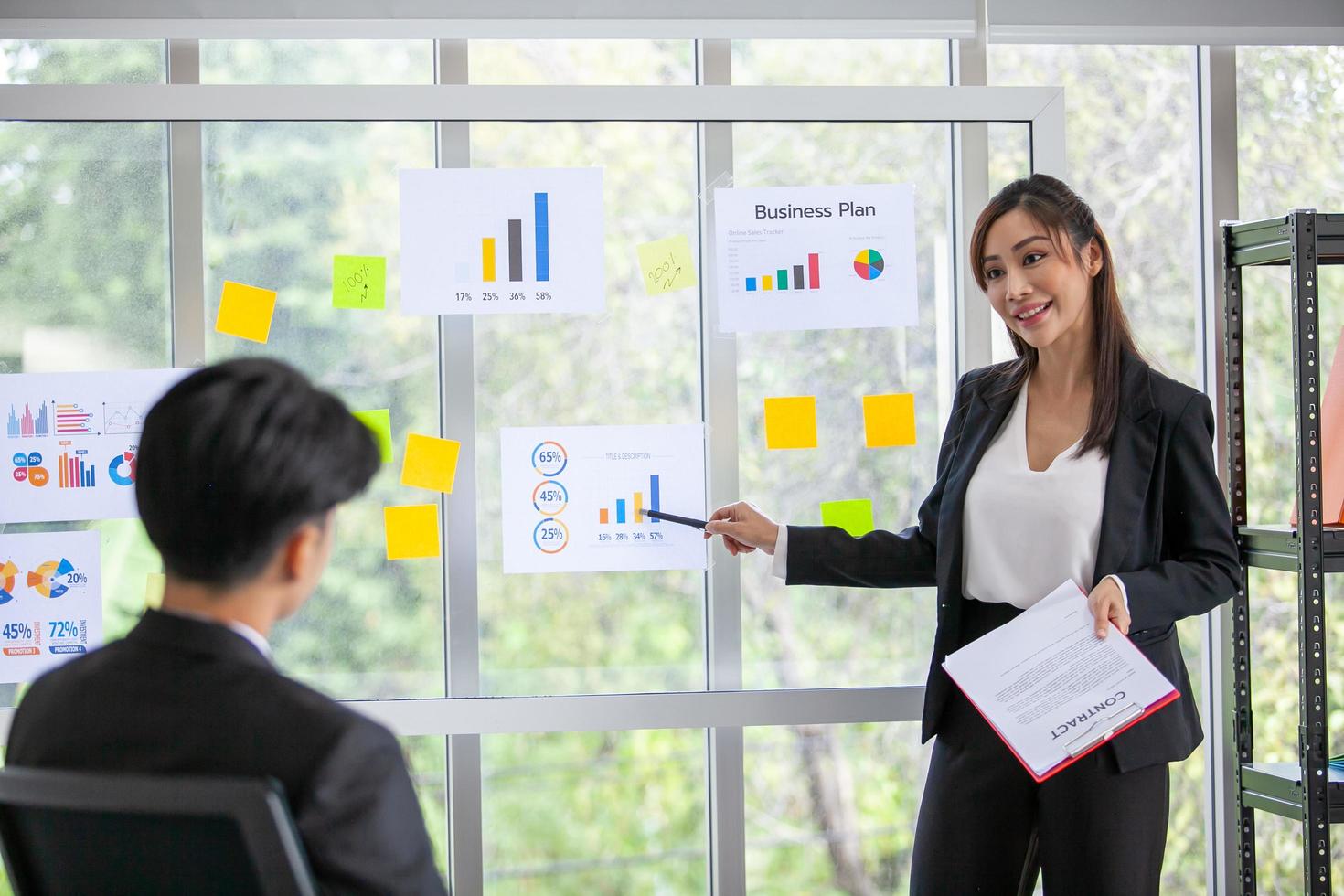 Business team male and female colleagues talking at work share ideas  with chart on glass board, Happy young presenttation colleagues work together on glass board. photo