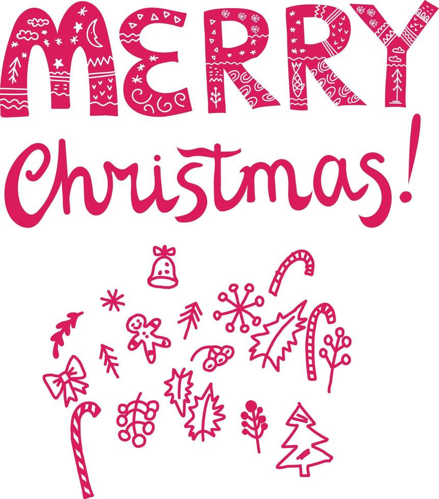 Merry Christmas hand drawn inscription with some decorative elements,  vector illustration isolated on white background. Winter Xmas and New Year holidays typography prints.