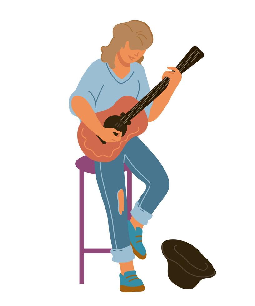 guitarrista de músico callejero - artista profesional o personaje de dibujos animados de hombre intérprete, ilustración vectorial plana aislada en el fondo. guitarrista del espectáculo de atracciones de la ciudad. vector