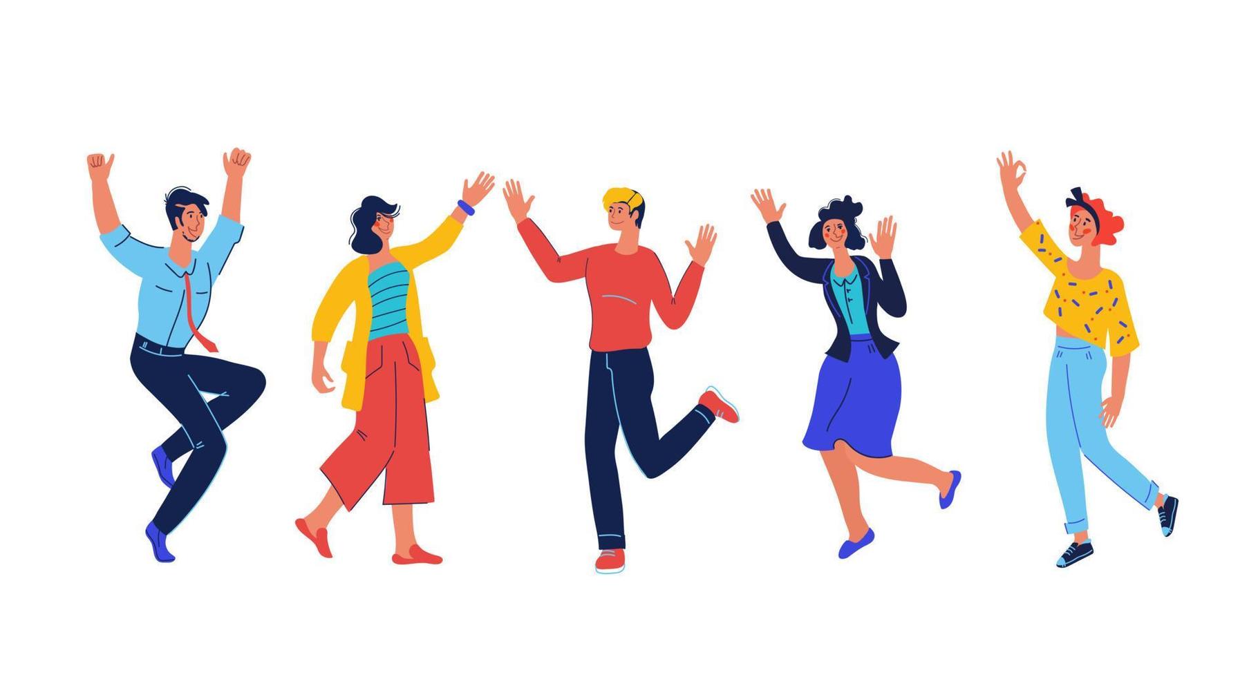 Happy diverse people group jumping for joy, having fun together. Friendship, business and personal succeess achievement celebration. Men and women cartoon characters vector illustration isolated.