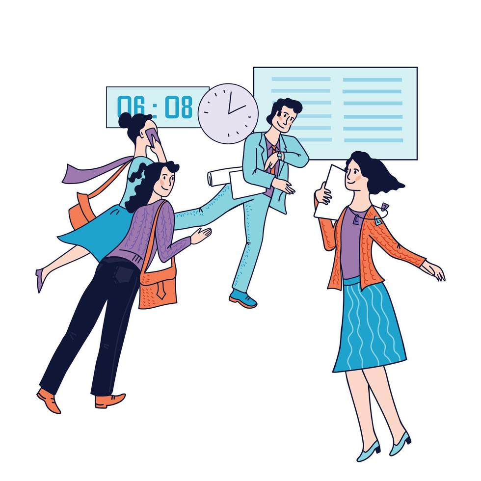 Very busy city businessmen and businesswomen, managers or office workers hurrying to work, late and running. Modern urban citizens lifestyle, morning rush and employment. Cartoon vector illustration.