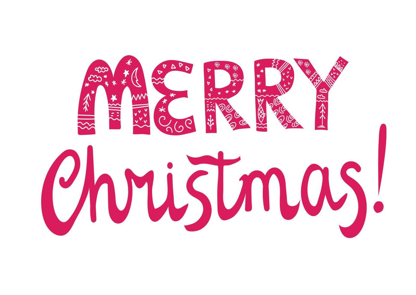 Merry Christmas hand drawn lettering greeting text vector illustration isolated on white background. Winter Xmas and New Year holidays typography banner for cards and party invitations.