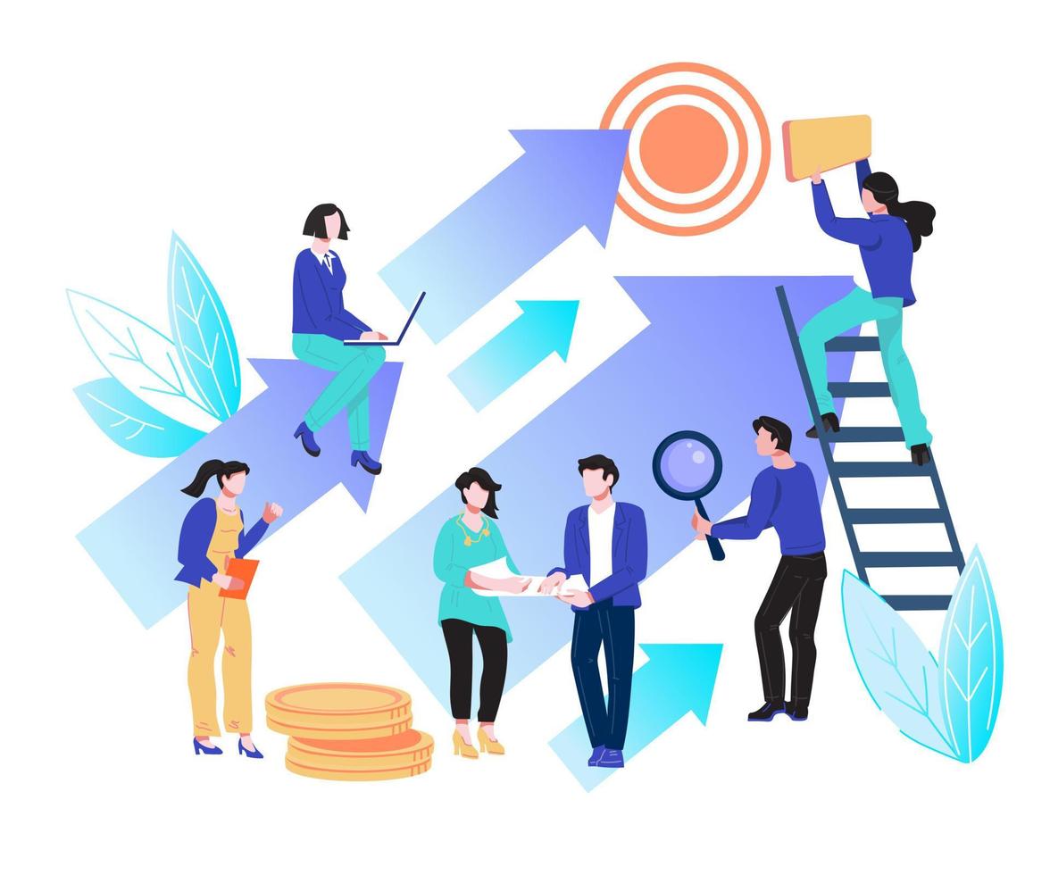 Business development and teamwork on start up concept. Marketing development strategy and company promotion technology. Market analysis and business solution. Flat vector illustration isolated.