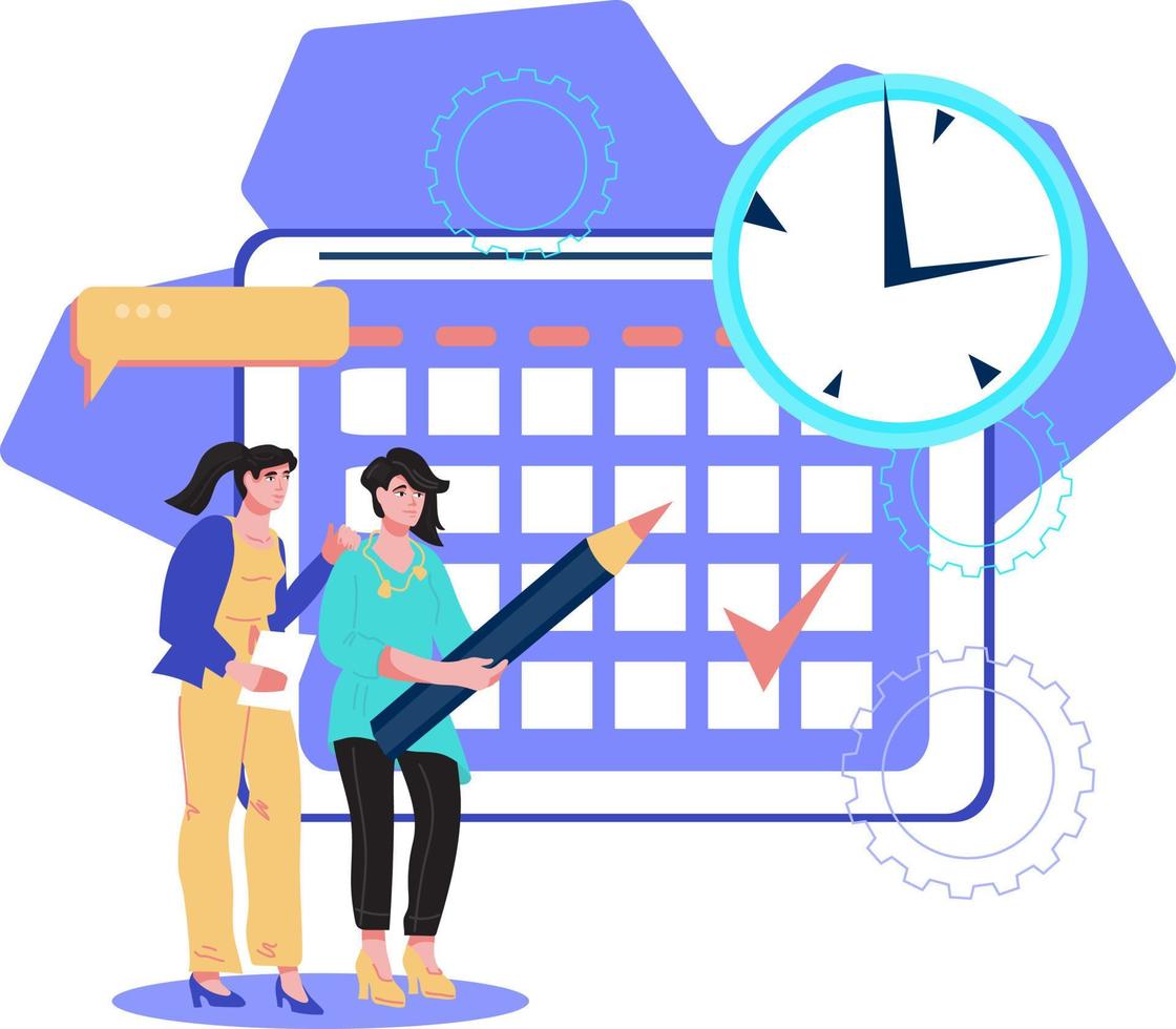 gestión del tiempo y concepto de planificación eficiente. productividad, reuniones de negocios, agenda, horario y estrategia de trabajo, ilustración vectorial plana aislada en fondo blanco. vector