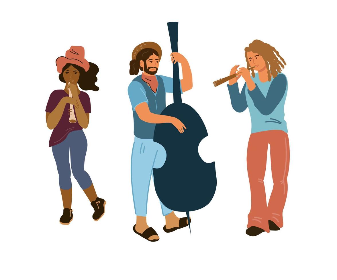 Street musicians group - young people cartoon characters make musical performance in city streets, flat vector illustration isolated on white background. Urban roaming artists or performers.