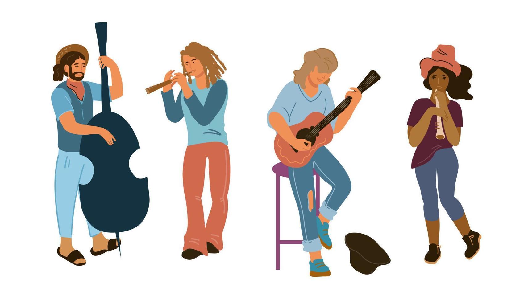 actuación musical en las calles de la ciudad con personajes de dibujos animados de músicos tocando diferentes instrumentos musicales, ilustración vectorial plana aislada en blanco. artistas itinerantes, músicos callejeros. vector