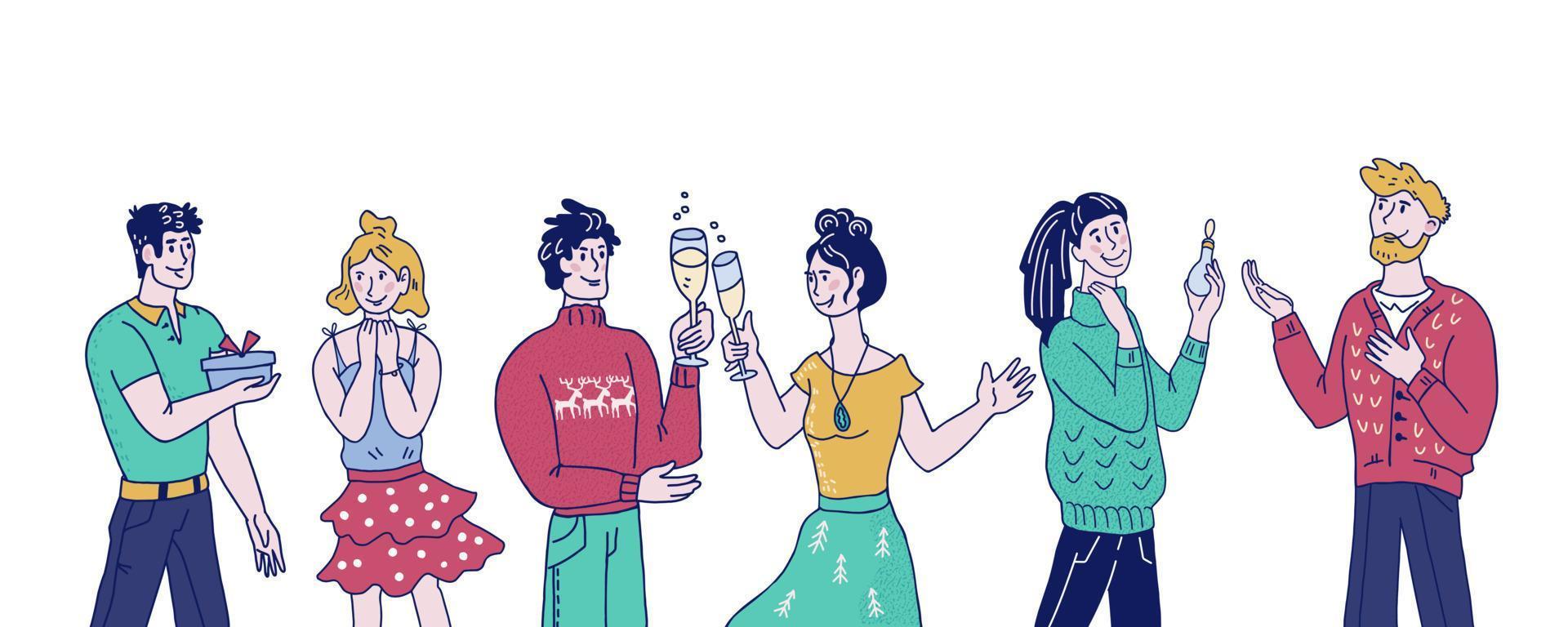 grupo de personas felices con sombrero de santa celebrando la fiesta de navidad corporativa. hombres y mujeres intercambian regalos y se saludan con vacaciones de invierno de navidad y año nuevo. ilustración de dibujo vectorial. vector