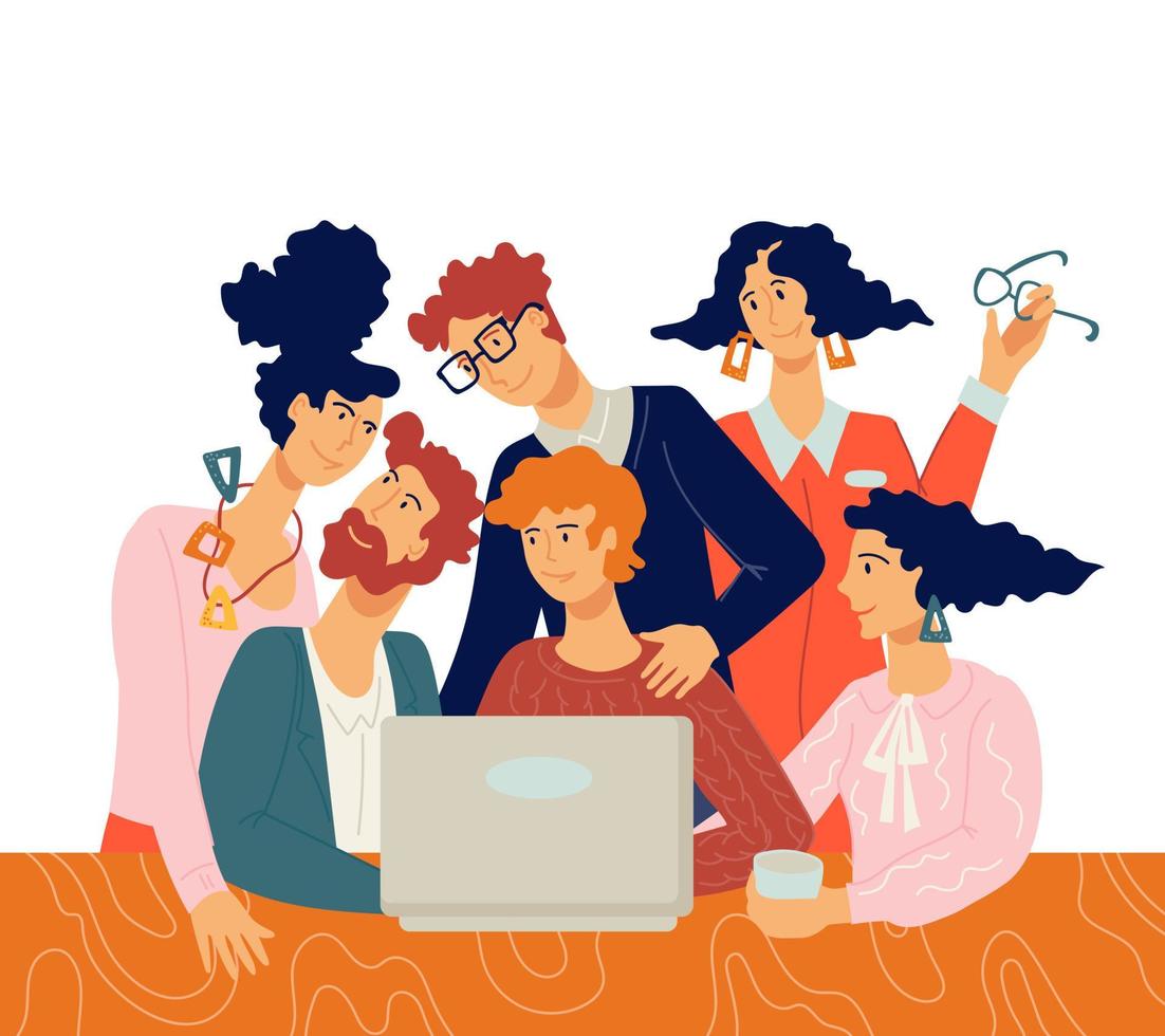 Business team, company staff meeting. Teamwork. Colleagues work together, flat vector illustration isolated.