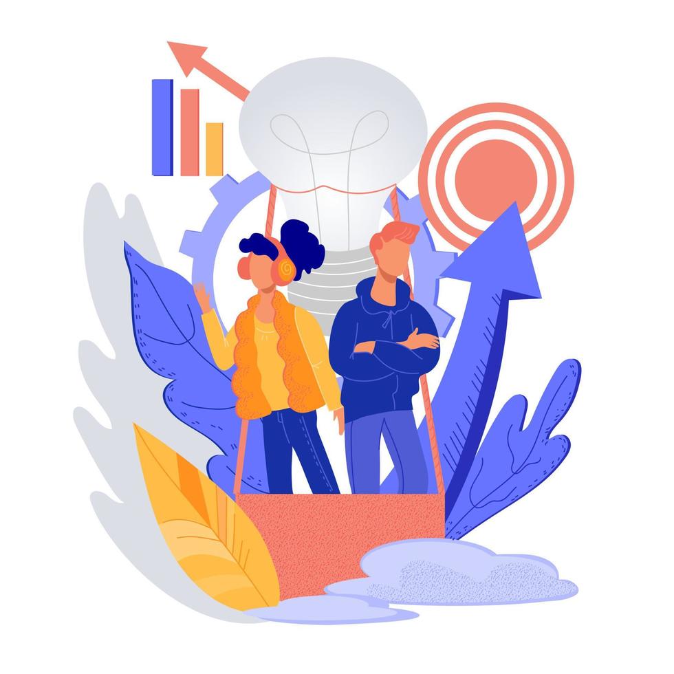 Successful start up, creative ideas and innovations. People, man and woman, business team flying in balloon, startup metaphor and power of thinking. Flat vector illustration isolated.