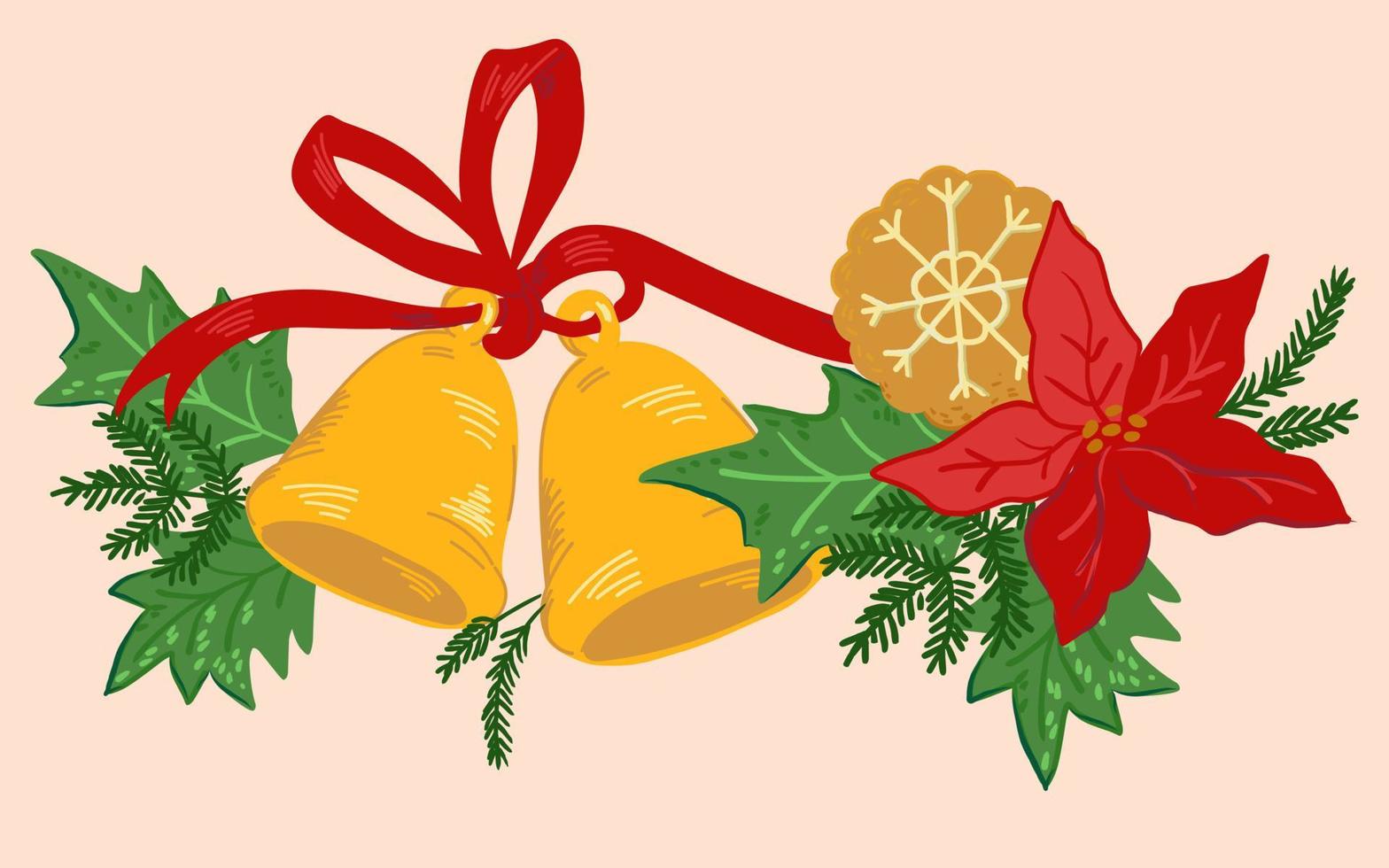 elemento de borde de vacaciones de invierno de navidad con poinsettia, campanas de navidad, galletas y hojas verdes, ilustración vectorial de dibujos animados aislada en el fondo. tarjetas de felicitación e invitación a la fiesta de año nuevo. vector