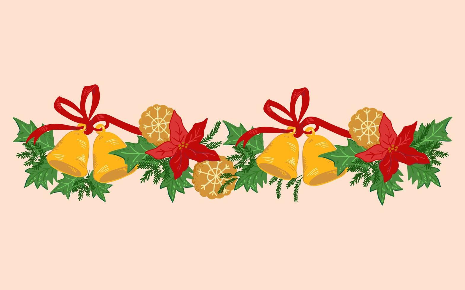 Christmas holiday horizontal wreath - border or frame with Poinsettia, Xmas bells, cookie and green leaves, cartoon vector illustration isolated on background. Greeting cards and New Year banner.