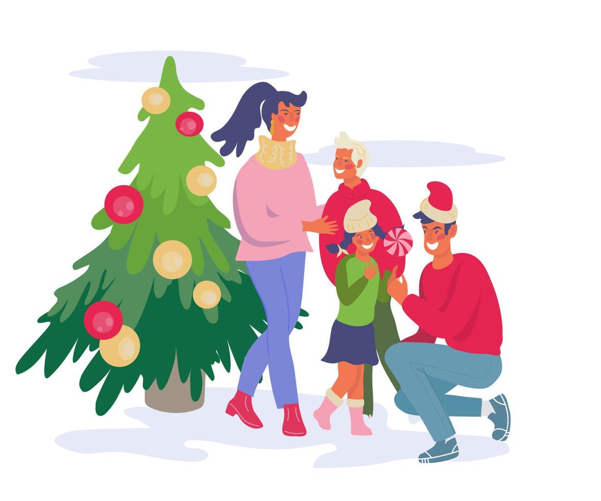 Family with children celebrating Christmas winter holiday near festively decorated Xmas tree, flat vector illustration isolated on white background. New Year fun and joy with people characters.