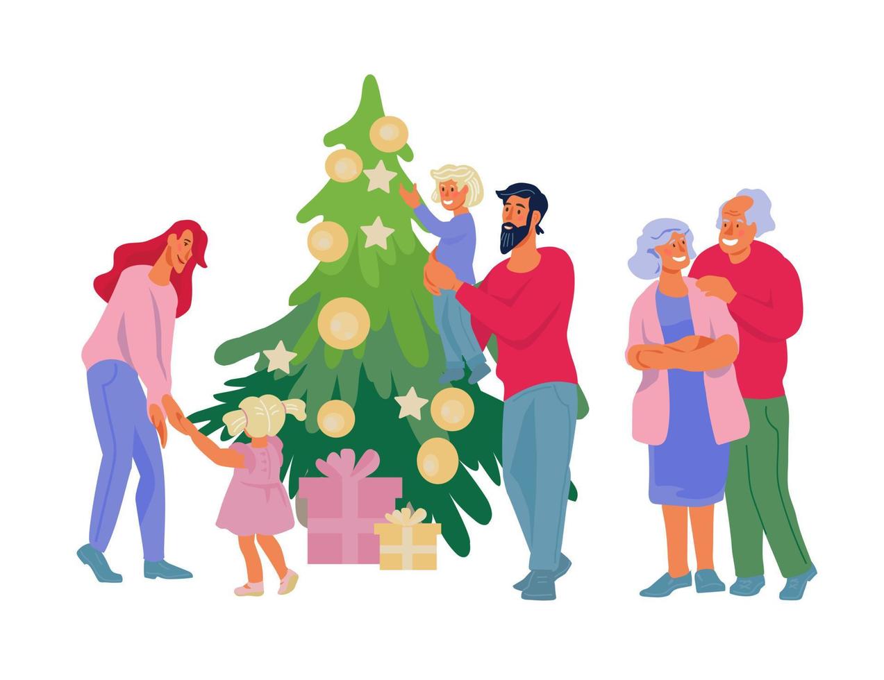 Family generations of parents, grandparents and children celebrate Christmas together. vector