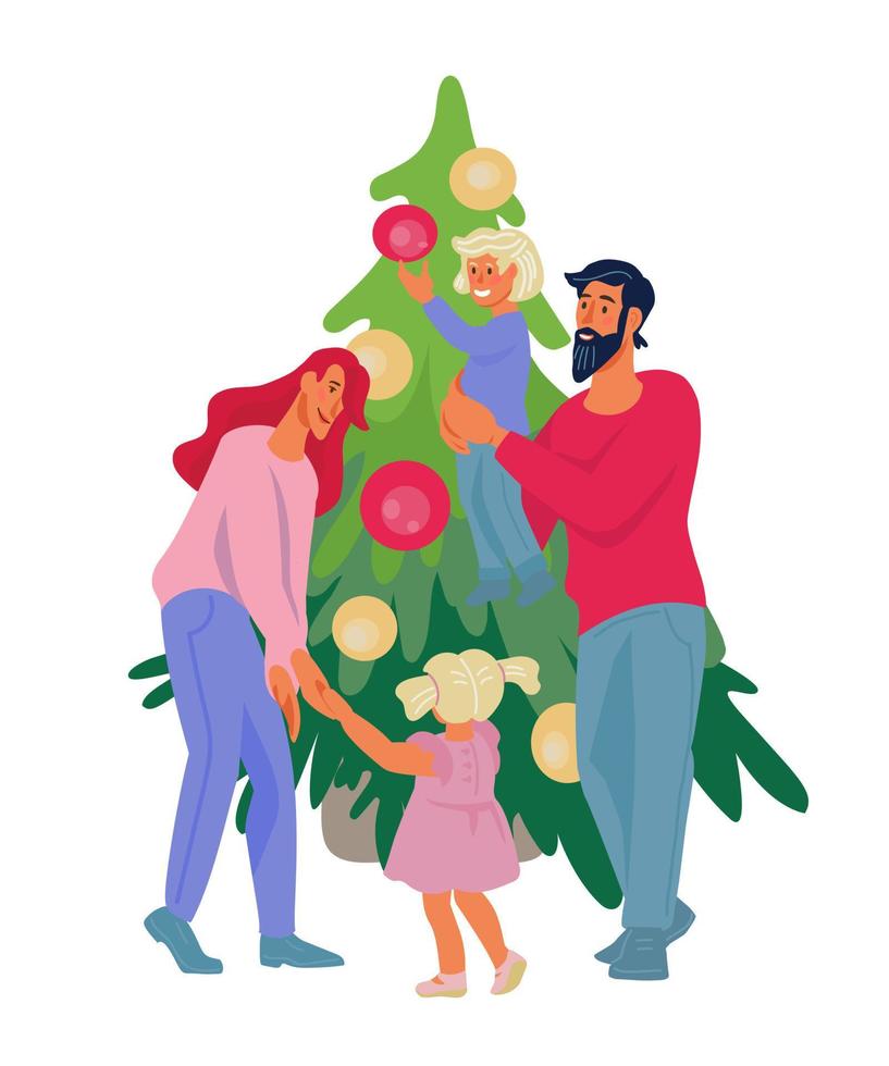 Family Christmas winter holiday celebration near festively decorated fir tree, flat vector illustration isolated on white background. Xmas and New Year fun and Leisure at home with people characters.