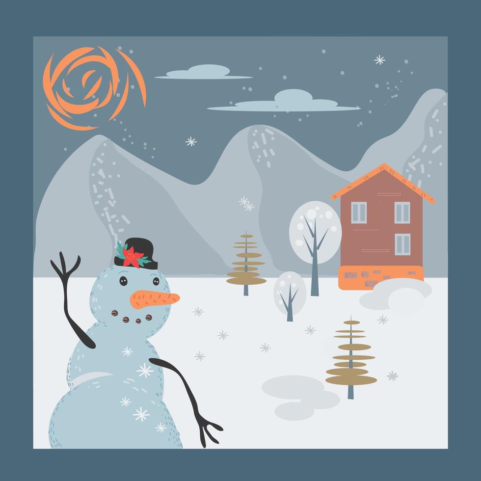 muñeco de nieve sobre fondo de paisaje de invierno de navidad. fondo de navidad. plantilla para tarjeta de felicitación navideña e invitación. banner de año nuevo y navidad. ilustración vectorial de dibujos animados plana. vector